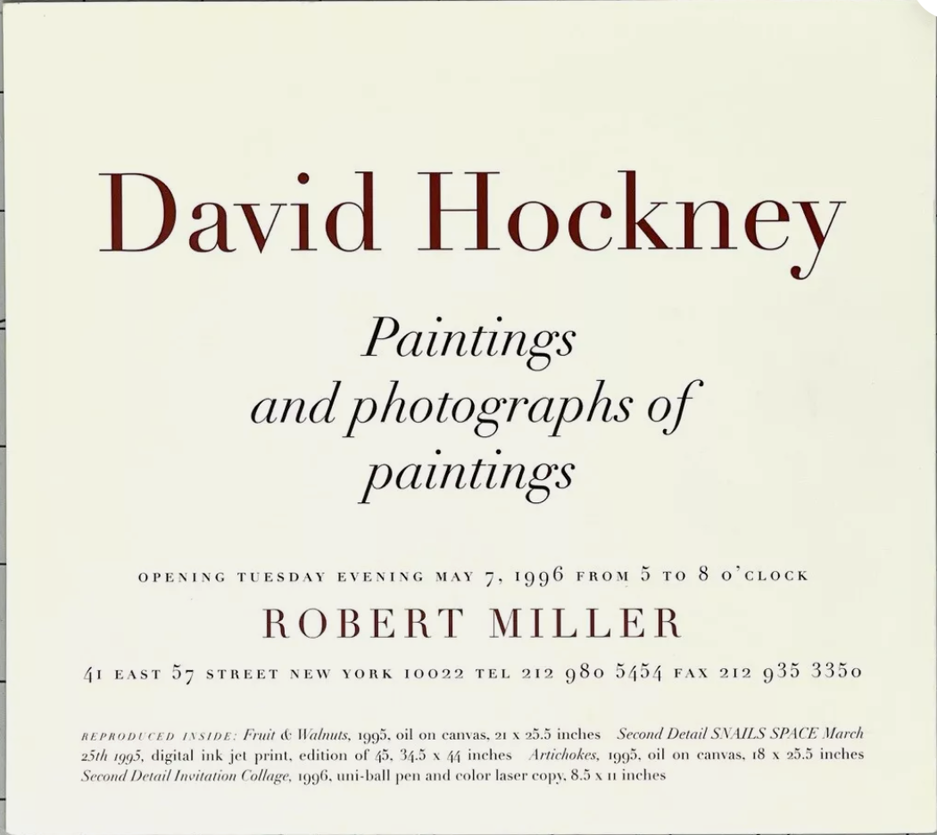 Framed David Hockney exhibition card, 1996. Paintings and Photographs of Paintings